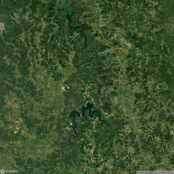 Aerial view of a large, lush green landscape with a winding river and various patches of farmland.