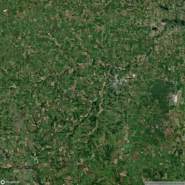 Aerial view of a large, green agricultural landscape with scattered patches of rural development and a twisting river.