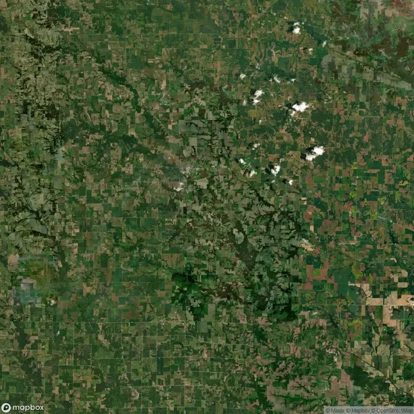 Aerial view of a patchwork landscape consisting of various agricultural fields, interspersed with small clusters of trees and vegetation.