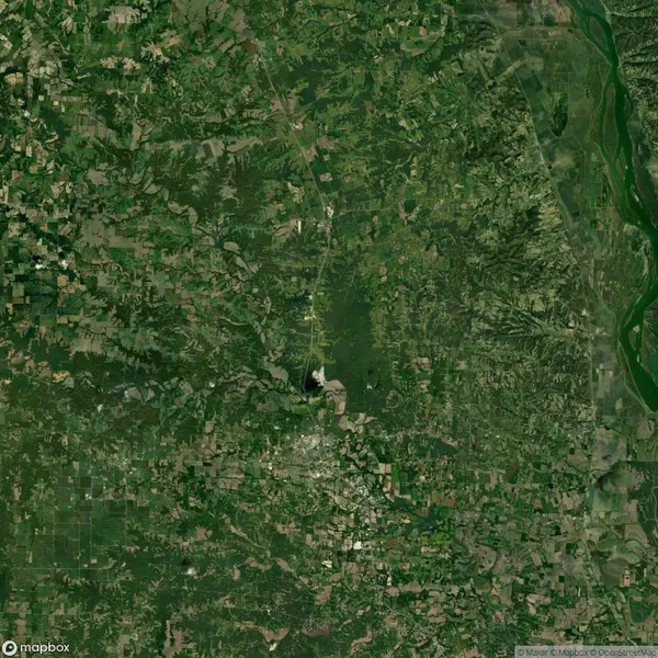 Aerial view of a vast, predominantly green landscape with scattered patches of brown fields and a river meandering through the top right corner.