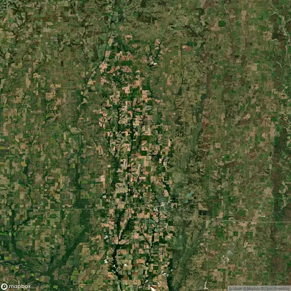 Aerial view of an agricultural landscape with patchwork fields in various shades of green and brown, intersected by a central, irregular band of tree cover.