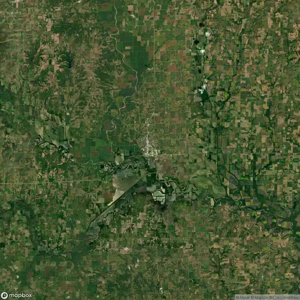 Satellite image showing a landscape with a patchwork of green and brown fields, rivers, and a small urban area in the center.