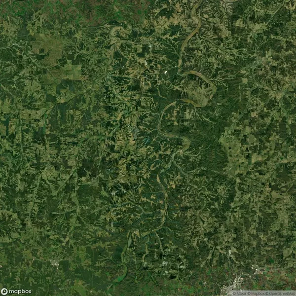 Satellite view of a green and brown landscape featuring a winding river cutting through a mix of forests and fields.