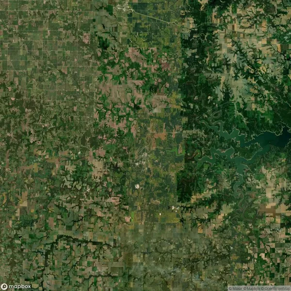 Aerial view of a landscape showing divided green and brown agricultural fields and a dark green forested area with a lake on the right side.