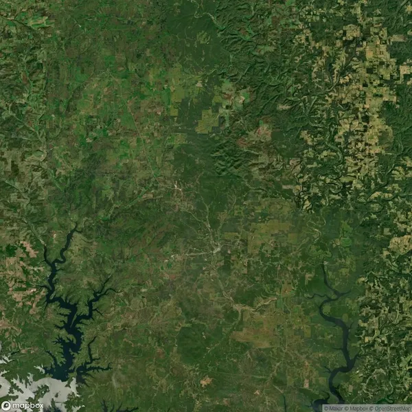 Aerial view of a landscape showing dense vegetation, farmland patches, and winding rivers.