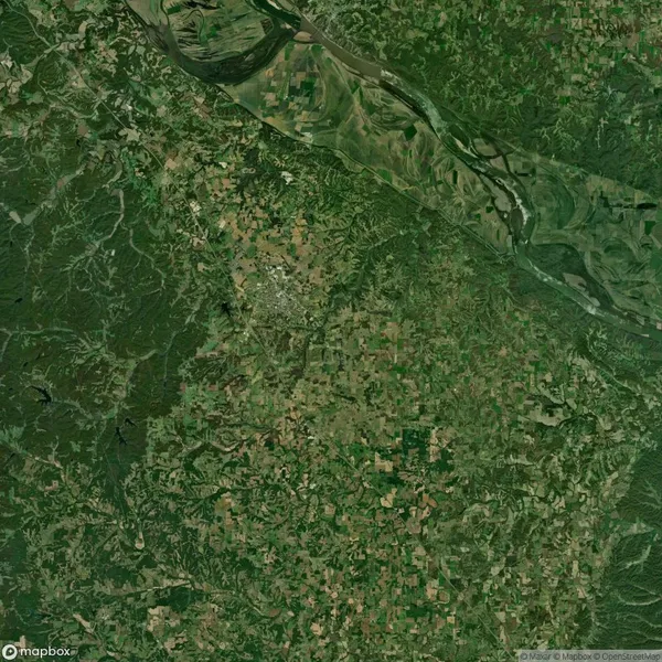 Satellite image depicting a landscape with a mix of green forested areas and agricultural fields. A river meanders along the top edge of the image.