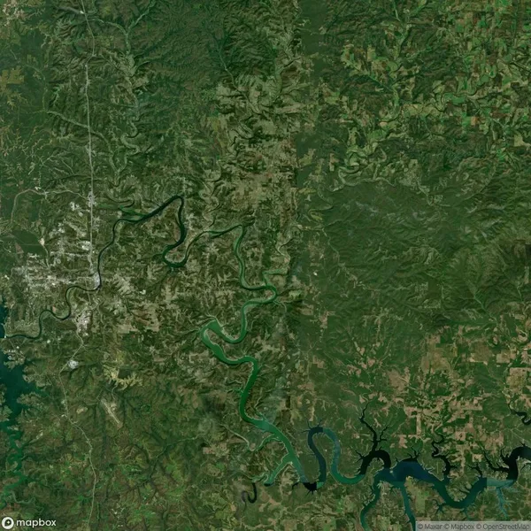 Satellite image showing a green, forested landscape with winding rivers and some scattered clearings. A developed area is visible in the top left corner.