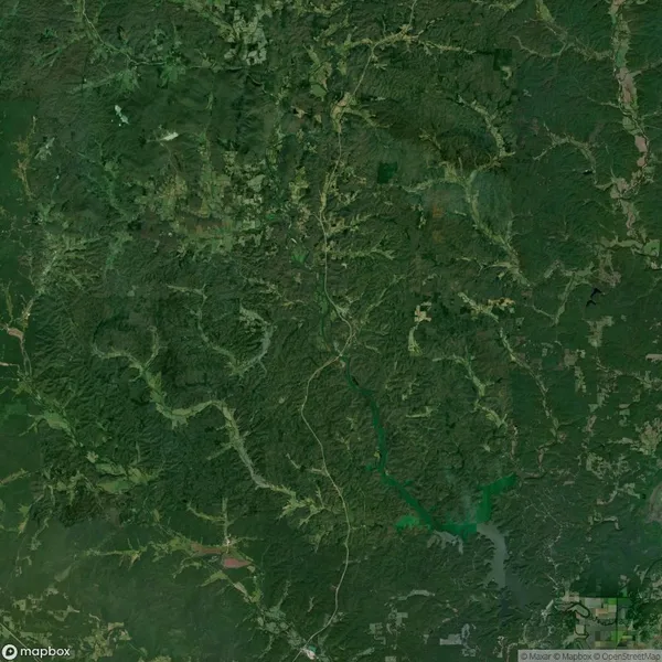 Aerial view of a green, forested landscape with winding roads and scattered clearings.