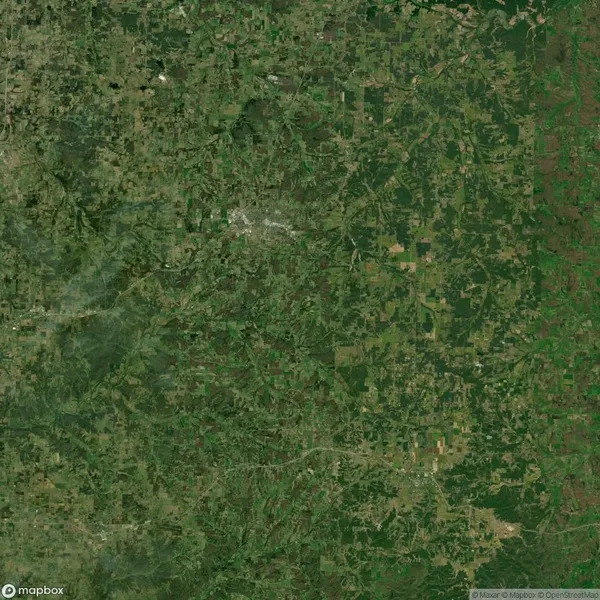 Satellite view of a sprawling green landscape with patches of agricultural fields and winding roads, featuring scattered clusters of buildings and natural areas.