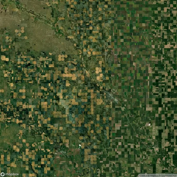 Aerial view of a landscape showing circular and rectangular crop patterns divided by a curving line of greenery, creating a contrast between different agricultural land plots.