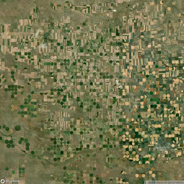 Aerial view of agricultural fields with circular and rectangular patterns, featuring varied shades of green and brown, illustrating a patchwork landscape.