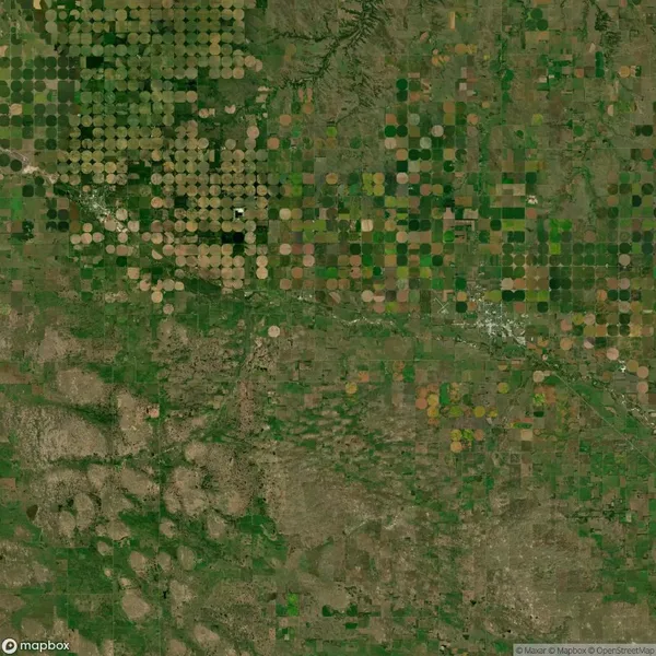 Aerial view of agricultural land showcasing circular and rectangular crop patterns, with varying shades of green and brown.