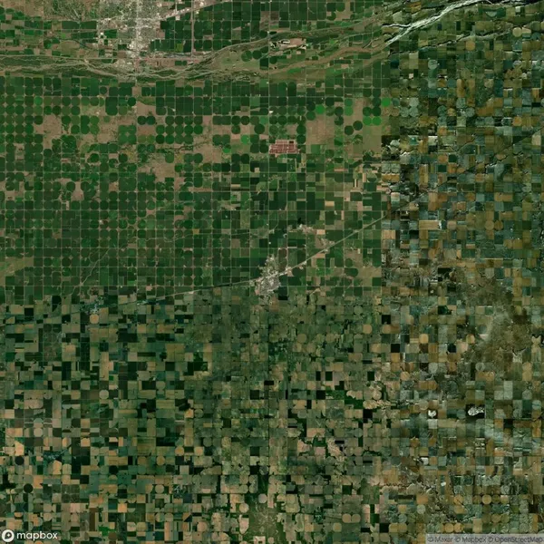 Aerial view showing a patchwork of circular and rectangular agricultural fields in varied green and brown shades, indicative of irrigation systems.