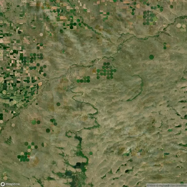 Aerial view of agricultural landscape with circular crop patterns and patches of greenery, traversed by a winding river, displaying varied shades of green and brown.
