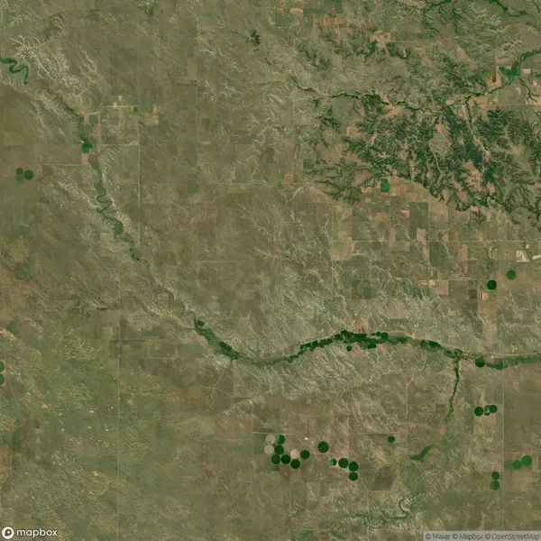 Aerial view of a landscape with fields, a winding river, vegetation clusters, and circular irrigation patterns, depicting a mix of natural and agricultural terrain.