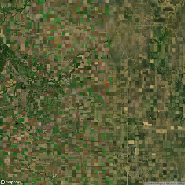 Satellite view of a rural landscape showing a patchwork of agricultural fields with varying shades of green and brown, divided by a road running vertically.