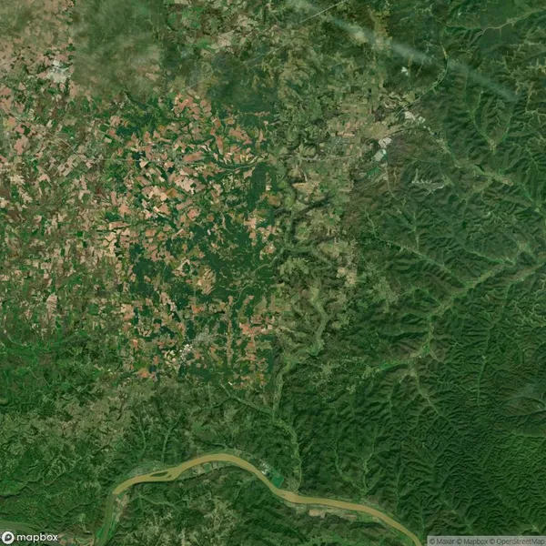Satellite view showing a landscape with a mix of agricultural plots and dense forest. A river winds through the bottom of the image, creating a distinct natural boundary.
