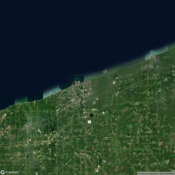 Satellite image of a coastline with a town and surrounding agricultural fields. The image shows a mix of green and brown patches indicating vegetation and developed areas.