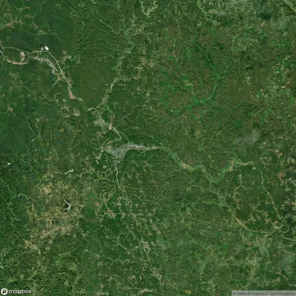 Aerial view of a vast green landscape with winding roads, scattered trees, and patches of dense forest. A river flows through the center, with a few small settlements visible.