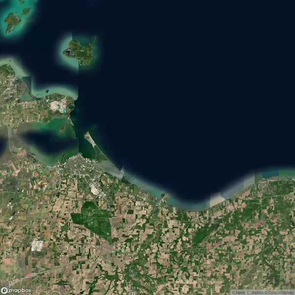 Satellite view of a land area with green fields, patches of forest, and urban development along a coastline, adjacent to a large body of water.