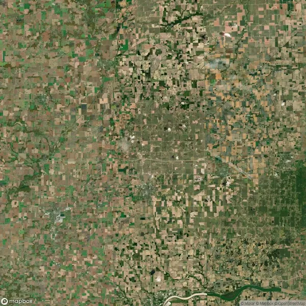 Satellite view of a rural landscape with a patchwork of agricultural fields in varying shades of green and brown, intersected by roads and bordered by a river at the bottom.