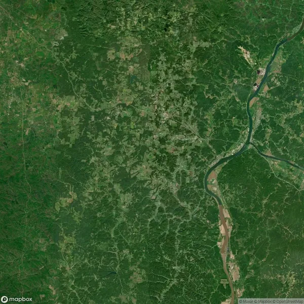 Aerial view of a landscape featuring dense green forest and a winding river on the right, with patches of cleared land and scattered roads throughout.