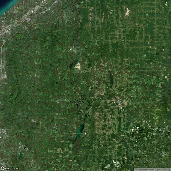 Aerial image of vast green agricultural fields and patches of forest near a lake coastline, with scattered roads and small settlements visible.