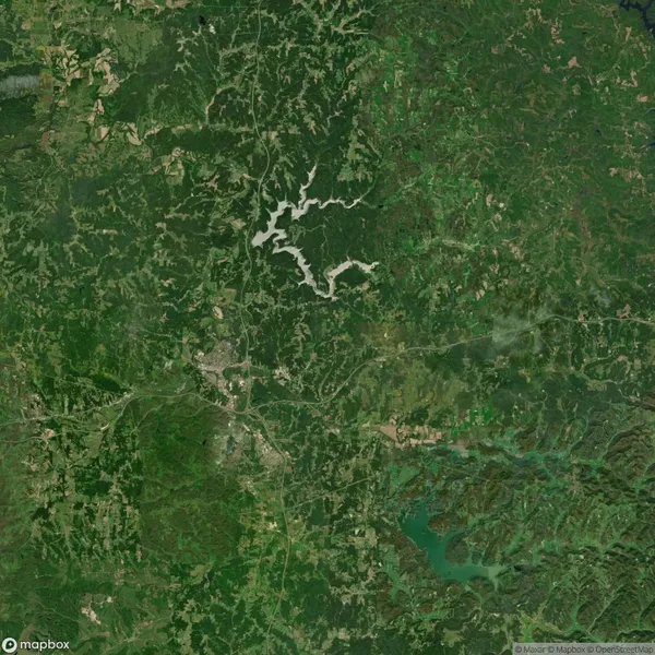 Satellite view of a green landscape with a river running through the center, surrounded by forests, fields, and small patches of urban areas.