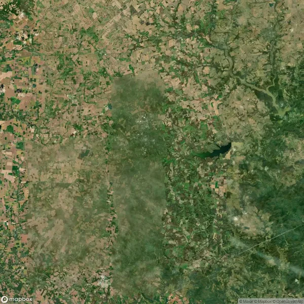 Satellite view of a land area with a patchwork of agricultural fields, a central urban area, a river on the upper right, and varying shades of green and brown indicating vegetation and terrain.