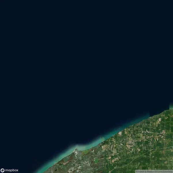 Satellite image showing a coastline with green vegetation and urban areas on the right, meeting a large dark blue body of water on the left.