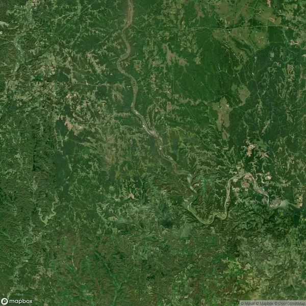 Aerial view of a winding river cutting through dense green forest and hilly terrain. Sparse patches of lighter vegetation are visible throughout the landscape.