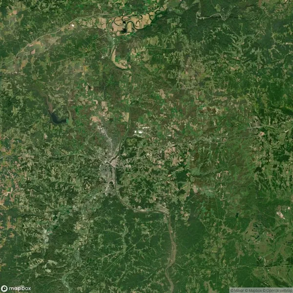 Satellite image showing a city surrounded by dense forests and rural areas. Roads and a river intersect the landscape.