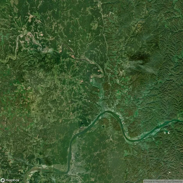 Satellite image of a green, forested landscape with a winding river cutting through the center, surrounded by varying shades of vegetation and patches of development.