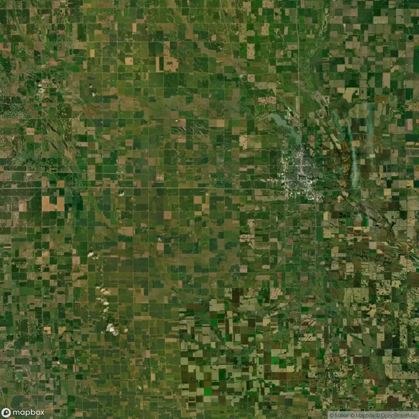 Aerial view of a vast, green landscape with a grid pattern of agricultural fields, intersected by a small urban area on the right.