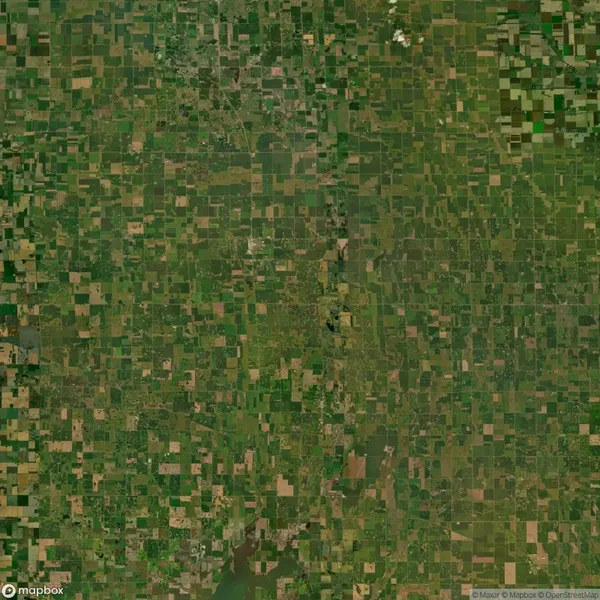 Satellite view of a patchwork landscape with numerous rectangular agricultural fields in varying shades of green and brown.