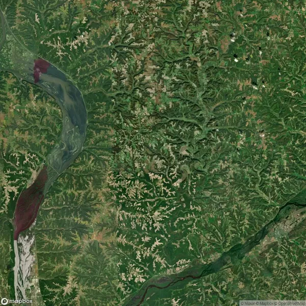 Satellite image showing a river winding through a dense green landscape, with visible patterns of vegetation and rural areas.