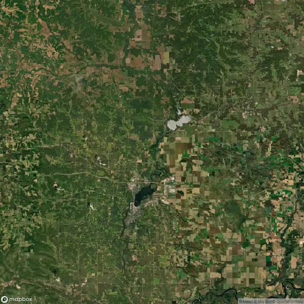Aerial view of a rural area with fields, patchy forests, and a body of water near a small urban center. Roads and varying shades of green indicate agricultural and natural landscapes.