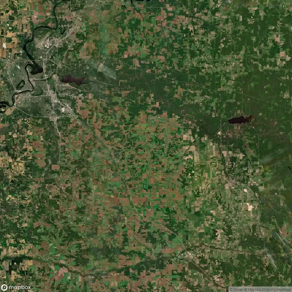 Satellite view of a green landscape with scattered patches of farmland and a city in the upper left, featuring a river and a small body of water.