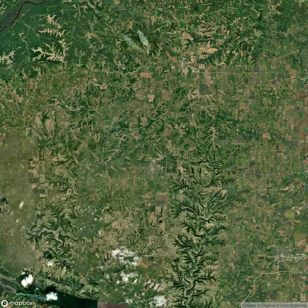 Aerial view of a green and brown patchwork landscape with fields, forests, and irregular formations seen from above.