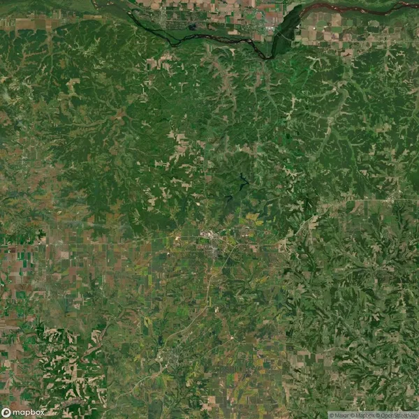 Satellite view of a landscape featuring a lush forested area mixed with agricultural fields, a winding river at the top, and a central road network connecting scattered settlements.