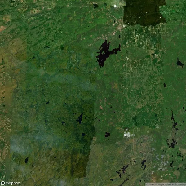 Satellite view of a green, forested landscape with scattered dark water bodies and light cloud cover on the right side.