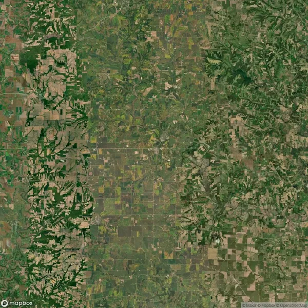 Aerial view of a landscape with irregular patches of farmland and forest. The image shows a mix of green fields, wooded areas, and geometric agricultural plots.