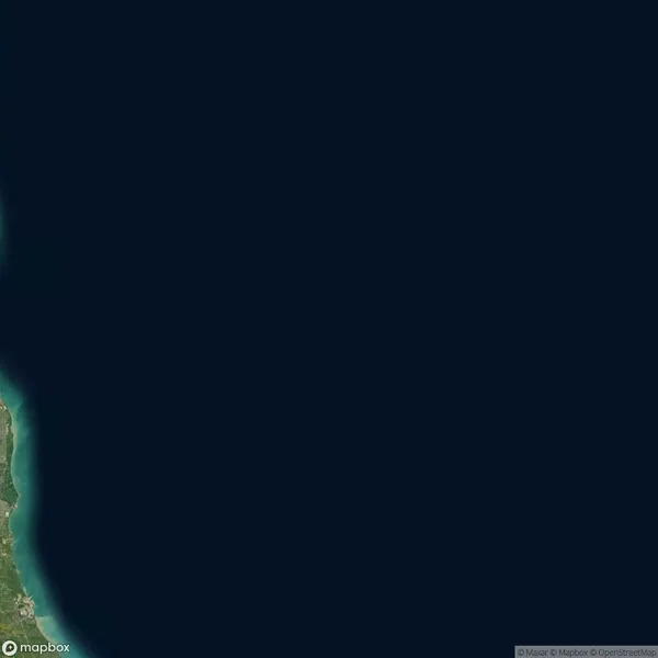 Satellite view showing a small section of land with a densely forested area on the left and a vast expanse of dark blue ocean on the right.