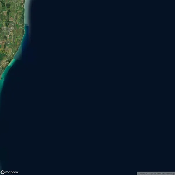 Satellite image showing part of a coastline with green land on the left and vast dark water on the right.