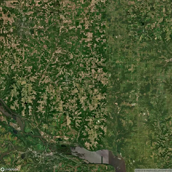 Satellite image of a green and brown landscape showing a mix of forests, fields, and a large river. The image captures a patchwork of agricultural plots and natural areas.