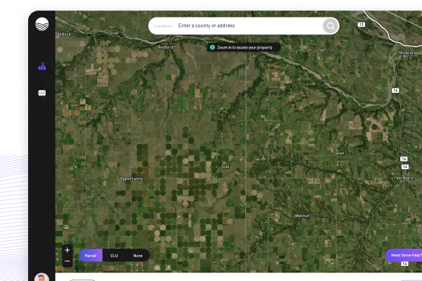 Satellite map view of a parcel of land shown in the Farmland Intel application