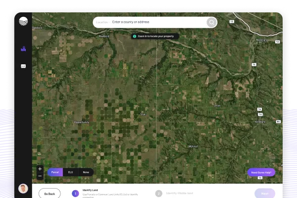 Aerial view of farmland shown in the Farmland Intel application