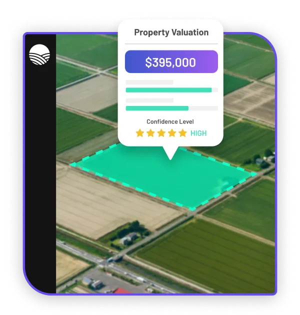 an example of a highlighted piece of property with a bubble pop that says Property Valuation with a cost