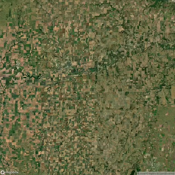 Aerial satellite view of a patchwork landscape of farmlands and fields intersected by a winding river and some irregular forested areas.