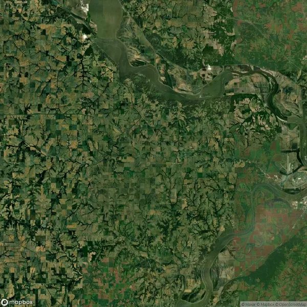 A satellite view of a rural landscape with fields, forests, and winding rivers, showing a patchwork of agricultural land and natural features.